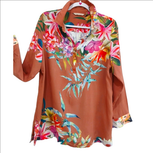 SOFT SURROUNDINGS Tropical Print Long Sleeve Cuffed Tunic Blouse SZ PL